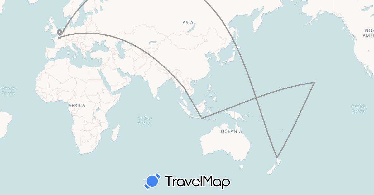 TravelMap itinerary: driving, plane in France, Indonesia, New Zealand, Thailand, United States (Asia, Europe, North America, Oceania)